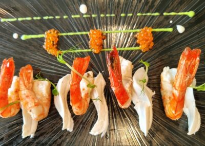 Table d'hôtes Bayeux: Shrimp appetizer with roe, sauce, and sprouts at La Ferme Manoir Saint Barthélemy.