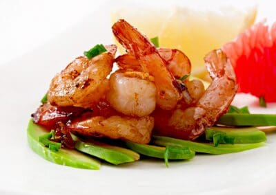 Table d'hôtes Bayeux dish: Grilled shrimp with avocado, grapefruit, and lemon.
